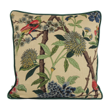 Decorative linen cushion with flowers and birds