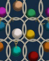 Image of Incatenato blu wallpaper by mind the gap. A navy background with large silver hoops and smaller gold chain pieces intertwined and large spheres of different colours such as light brown, aqua blue, red and fuchsia .