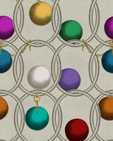 Image of Incatenato wallpaper by mind the gap. A grey background with large silver hoops and smaller gold chain pieces intertwined and large spheres of different colours such as light brown, aqua blue, red and fuchsia .