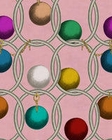 Image of Incatenato rosa wallpaper by mind the gap. A pink background with large silver hoops and smaller gold chain pieces intertwined and large spheres of different colours such as light brown, aqua blue, red and fuchsia .