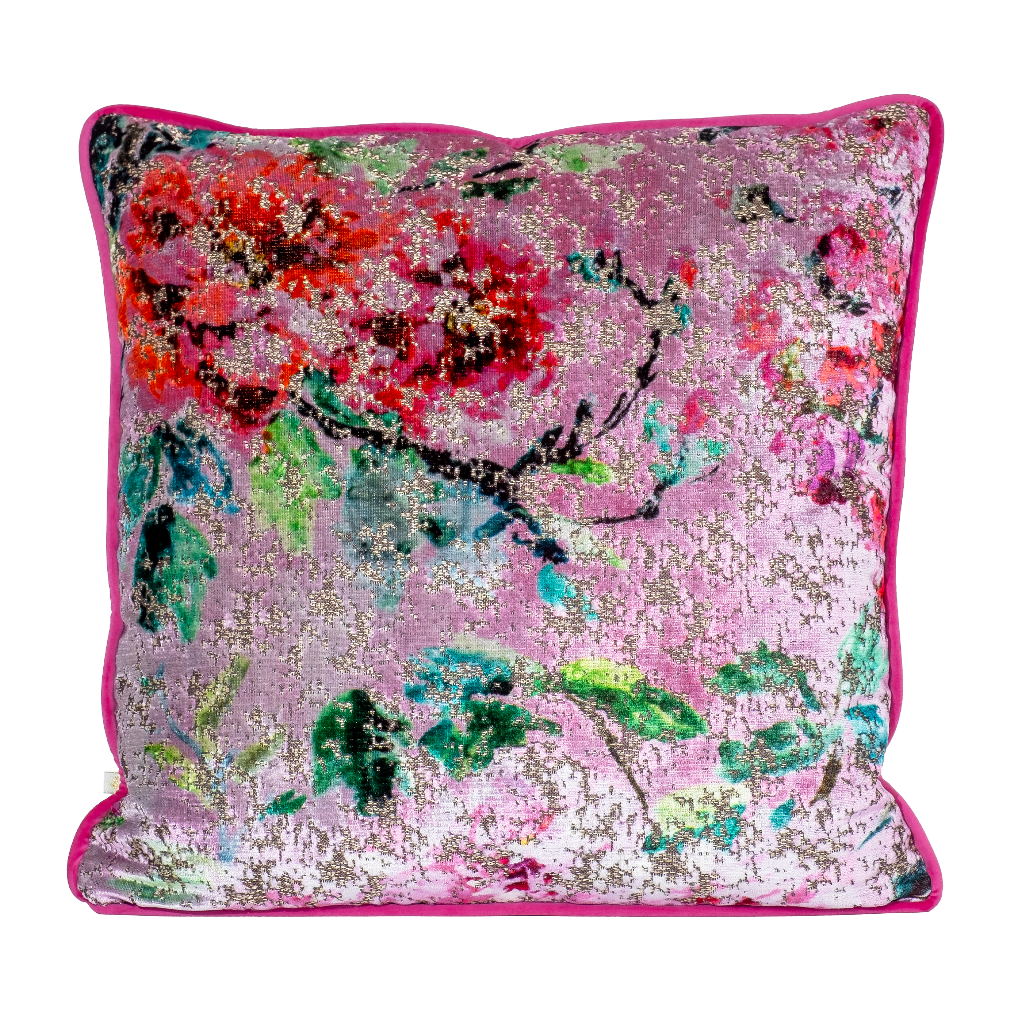 colourful oriental floral velvet cushion in pinks and greens