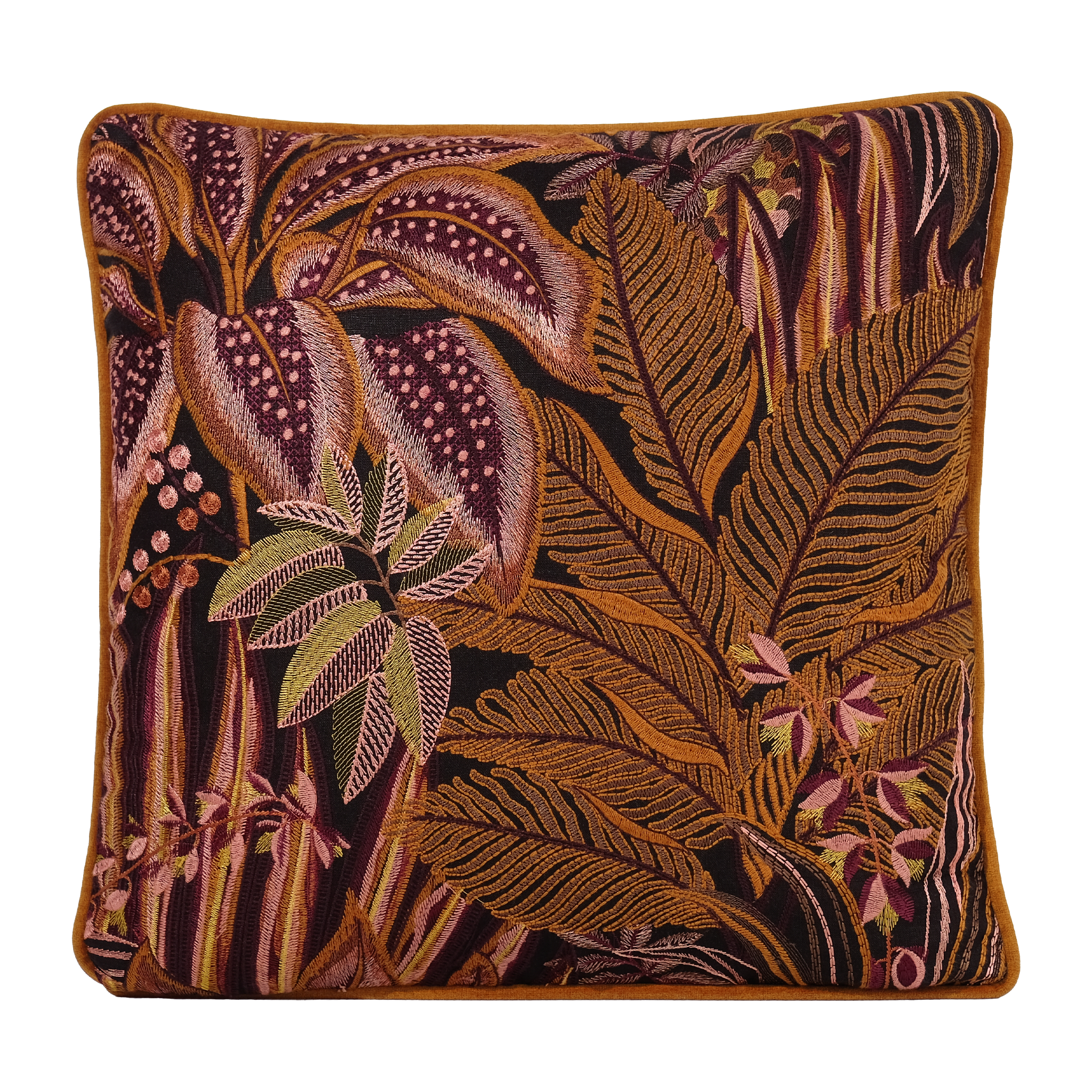 A square decorative throw pillow featuring an intricate botanical tapestry pattern with large tropical leaves and flowers in shades of brown, gold, burgundy, and pinks on a dark background.