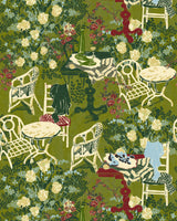 Floral wallpaper with green background featuring white chairs, red tables, fish platters, and decorative plants in a vintage style. Earthy greens, cream and baby blue feature