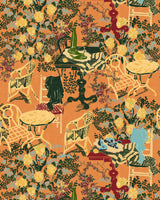 Floral wallpaper with light orange background featuring warm yellow chairs and tables, fish platters, and decorative plants in a vintage style.cool blue is also used sparingly along with a dark red