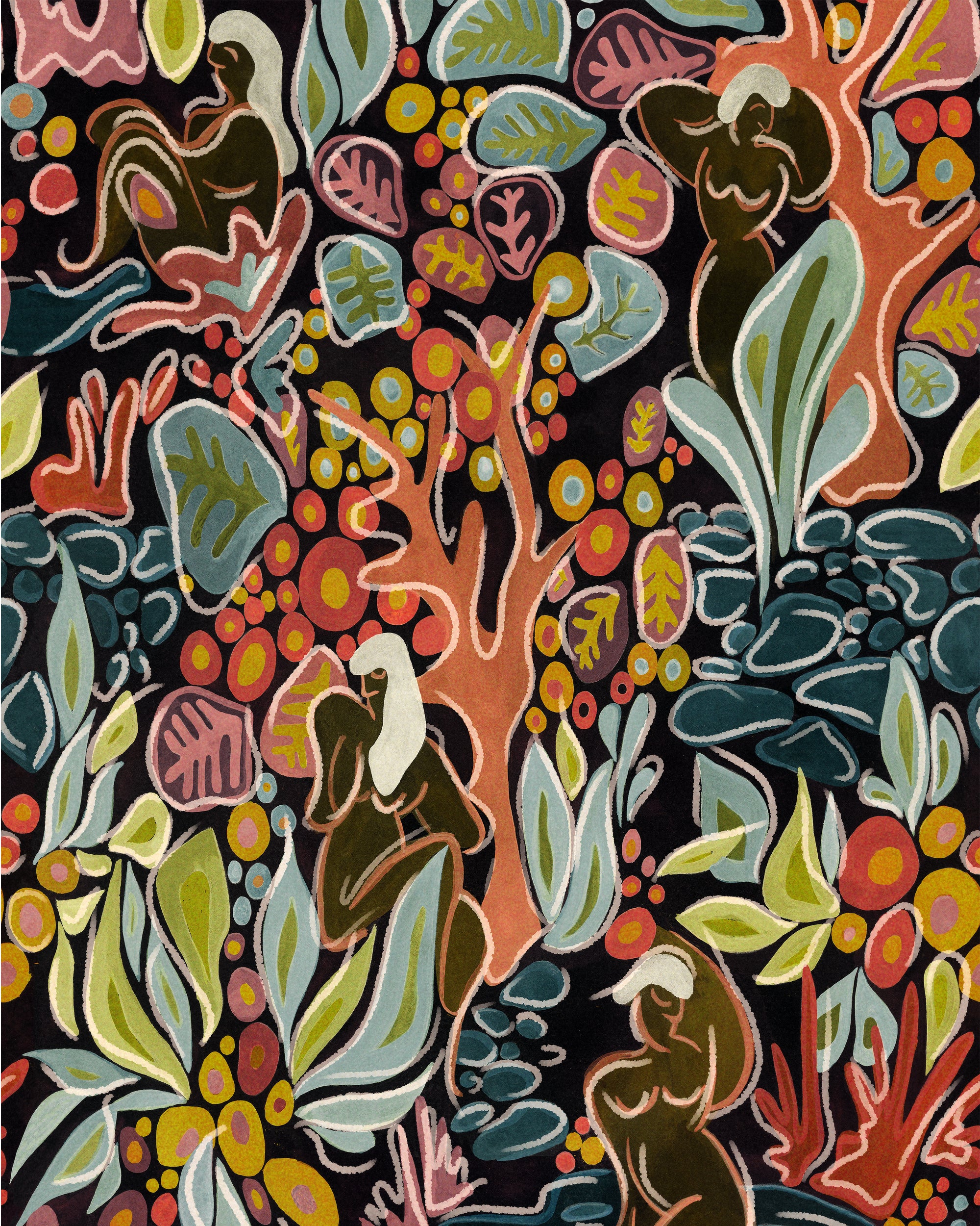 A rich, artistic wallpaper design featuring abstract botanical elements and stylized human figures in earthy tones on a dark background