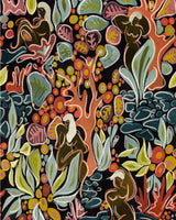 A rich, artistic wallpaper design featuring abstract botanical elements and stylized human figures in earthy tones on a dark background