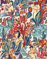 intricate and luxurious floral motif intertwined with graceful feminine figures. The design features cool blues, greens earthy reds and the main background is a cream colour and the style of the wallpaper is a hand painted watercolour