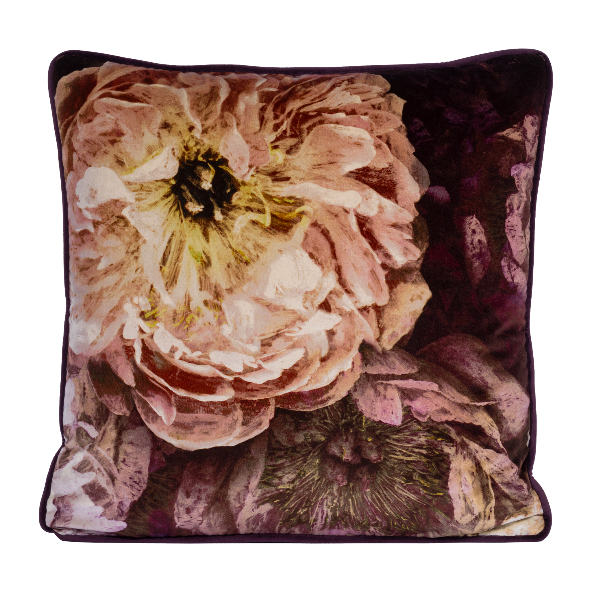 Richly coloured large scale velvet floral cushion in aubergine gold and pink