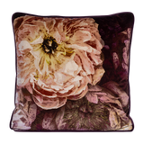 Richly coloured large scale velvet floral cushion in aubergine gold and pink