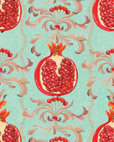 image of Mind The Gap MELAGRANATA Azzurro Wallpaper a detailed botanical design with the main focus being pomegranates intricate leaves and soft muted colours, creating a natural, elegant aesthetic. Scarlett coloured fruit and a pastel sage green background.