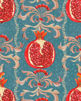 Mind The Gap MELAGRANATA Wallpaper a detailed botanical design with the main focus being pomegranates intricate leaves and soft muted colours, creating a natural, elegant aesthetic. Scarlett coloured fruit and muted blue background