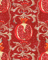 image of Mind The Gap MELAGRANATA Wallpaper a detailed botanical design with the main focus being pomegranates intricate leaves and soft muted colours, creating a natural, elegant aesthetic. Scarlett coloured fruit and red background