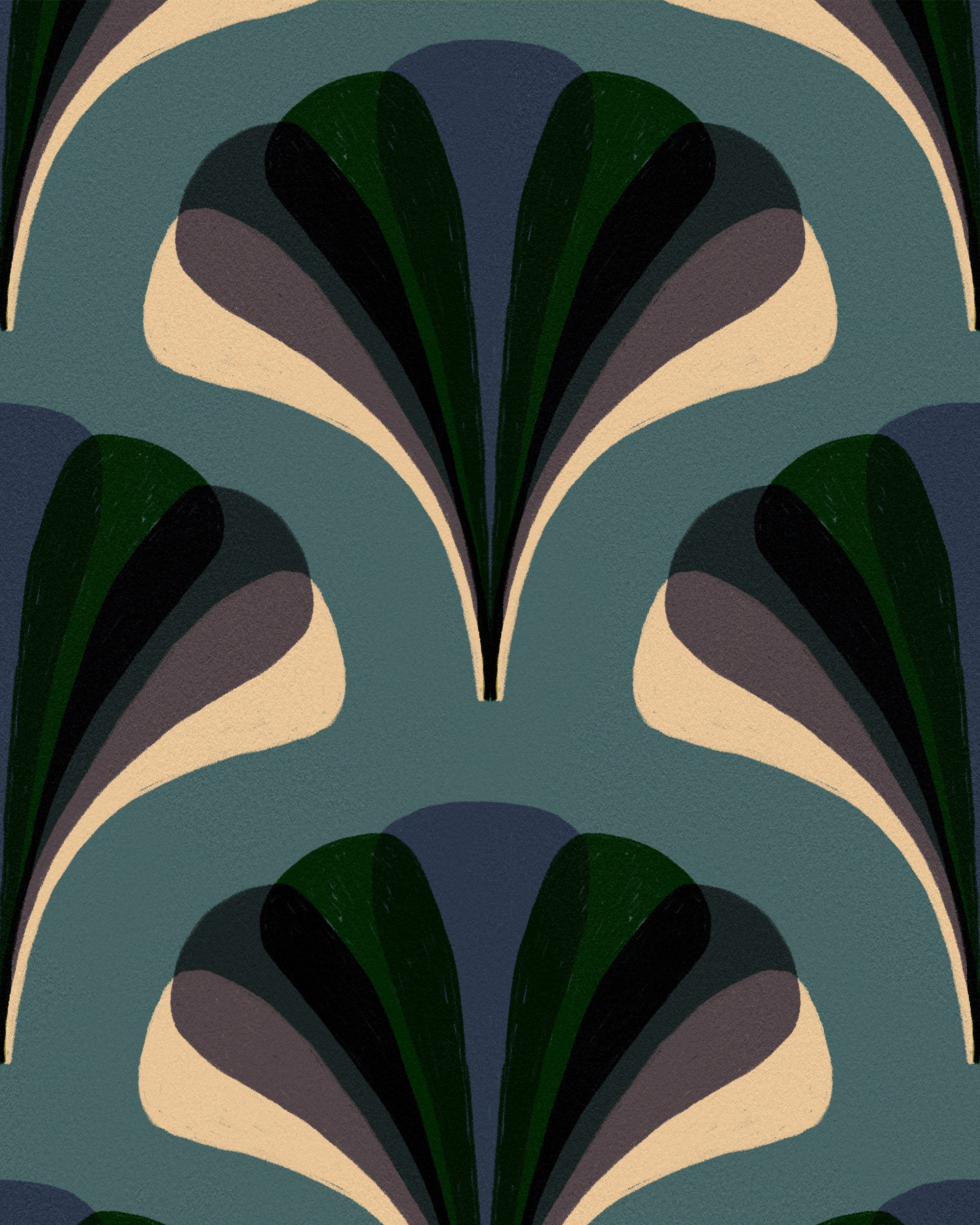 A repeating retro-inspired pattern of fan-like icons in dark green, mauve, purple, and blue, set against a cream background. The artwork appears hand-drawn with a textured finish, evoking a vintage, mid-century modern aesthetic.