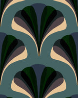 A repeating retro-inspired pattern of fan-like icons in dark green, mauve, purple, and blue, set against a cream background. The artwork appears hand-drawn with a textured finish, evoking a vintage, mid-century modern aesthetic.