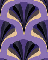 a repeating retro-inspired pattern of fan-like icons in black purple, grey, dark purple set against a cream background. The artwork appears hand-drawn with a textured finish, evoking a vintage, mid-century modern aesthetic.