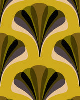 a repeating retro-inspired pattern of fan-like icons in olive green, black, beige, and grey, set against a yellow background. The artwork appears hand-drawn with a textured finish, evoking a vintage, mid-century modern aesthetic.