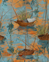 Vintage-style wallpaper depicting rustic moored wooden boats with lush plants, set on a serene blue and orange water reflection background