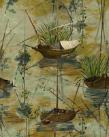 Vintage-style wallpaper featuring rustic wooden boats moored on calm waters, with lush green plants and soft green, gold, and grey reflections
