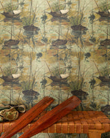 A cozy entryway with vintage boat-themed wallpaper, a woven bench, wooden oars, and rugged outdoor gear, evoking a nostalgic maritime feel