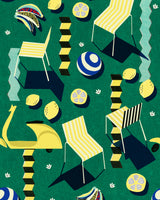 a green background and funky yellow, white and blue objects: breach chairs, lemons, bunches of bananas and a vespa scooter