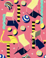 A playful wallpaper design featuring yellow-striped chairs, scooters, lemons, beach balls, and geometric shapes on a pink background.