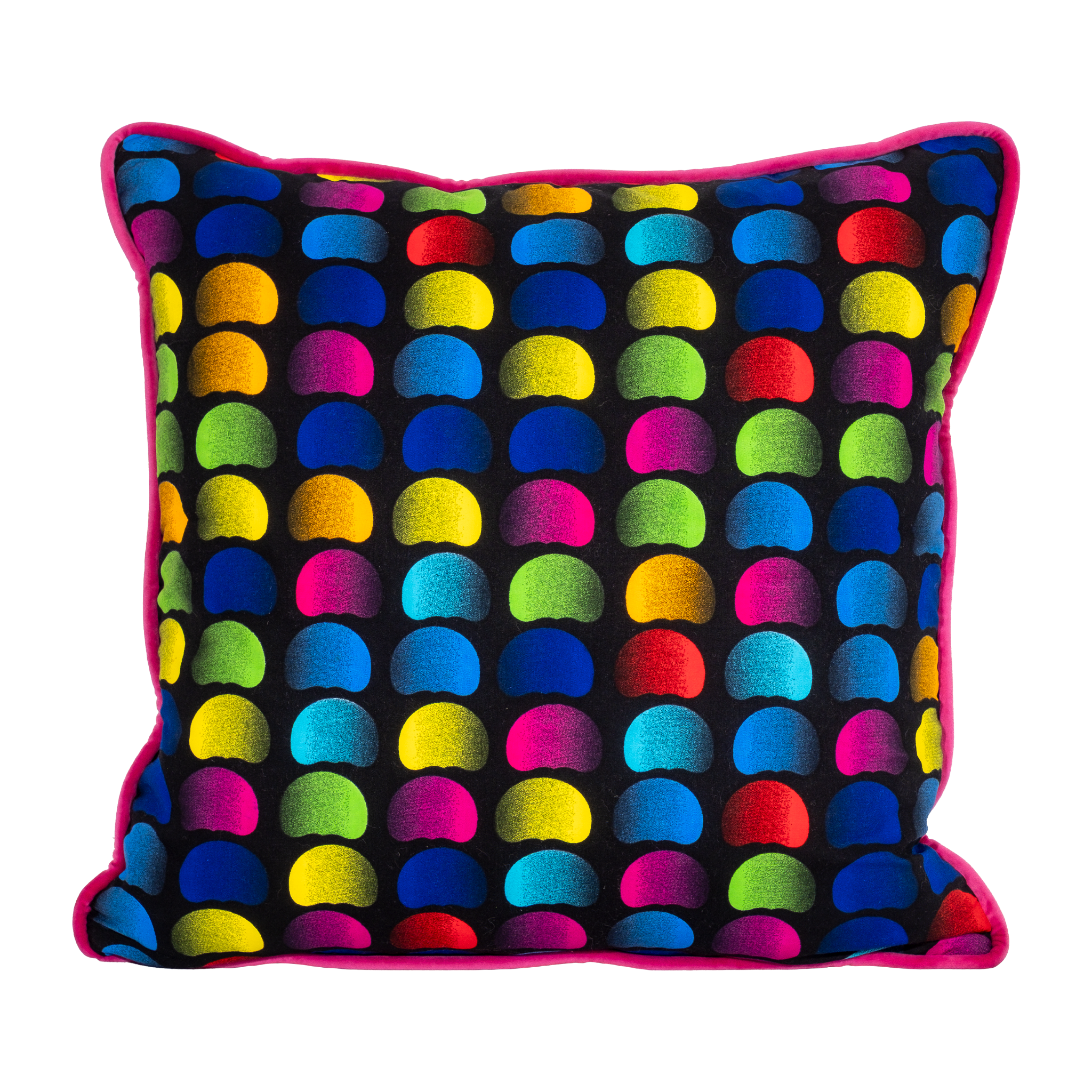 Neon bright cushion with rainbow of coloured beans on a black background