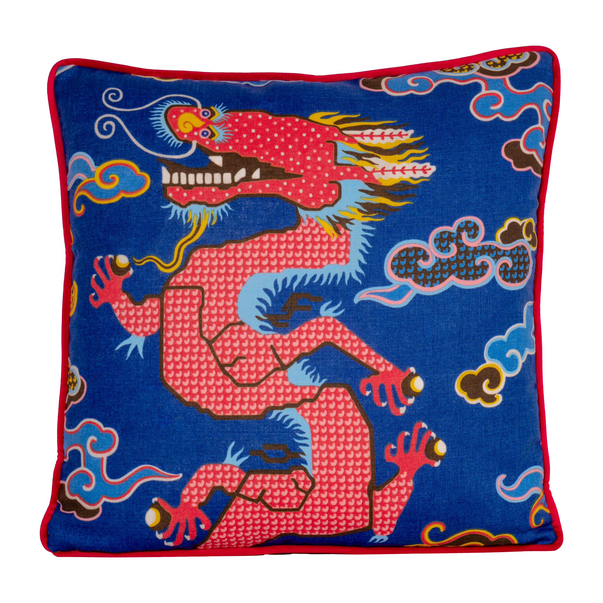 Decorative pillow with a red dragon design on a blue background