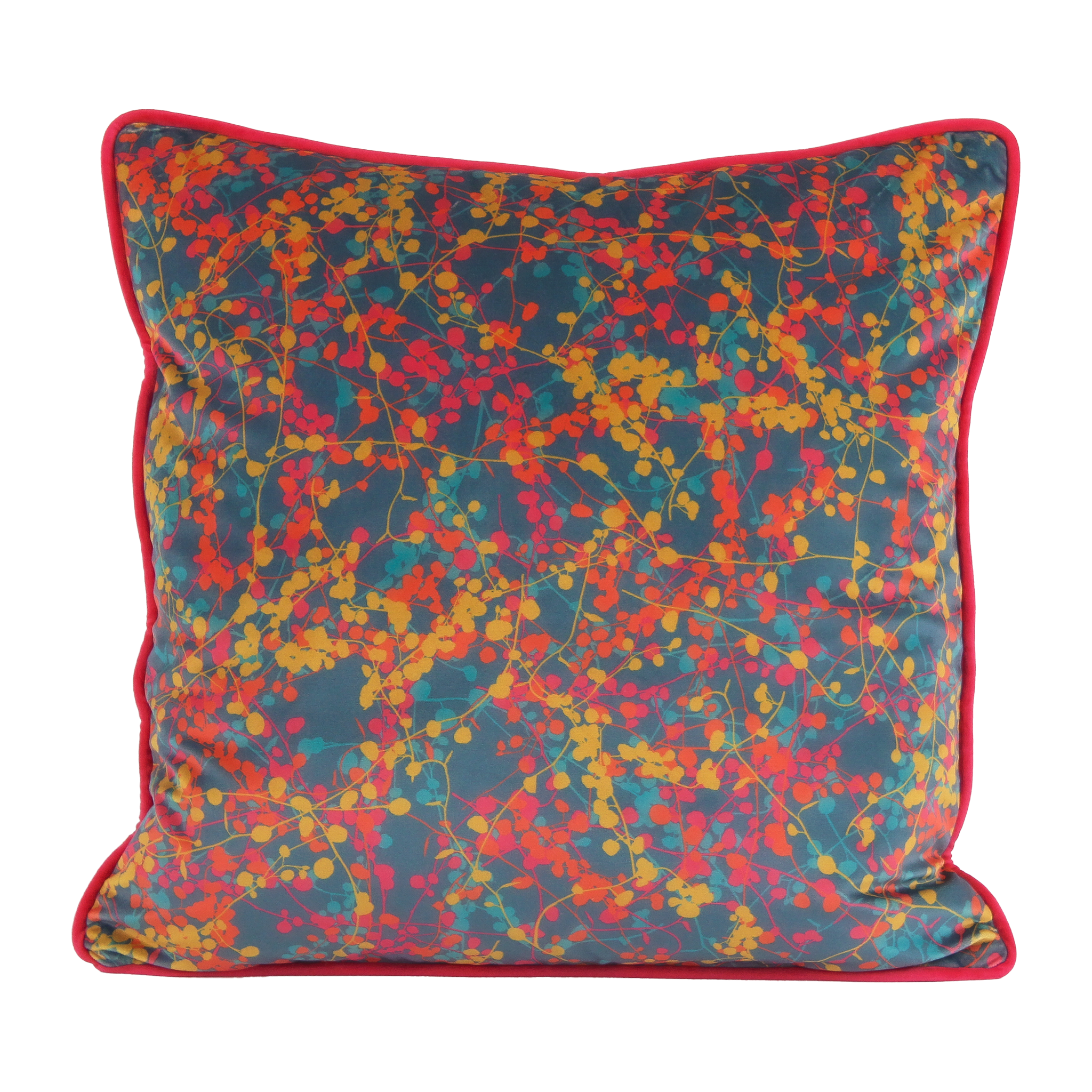 Colourful velvet cushion with fine vine leaves all over