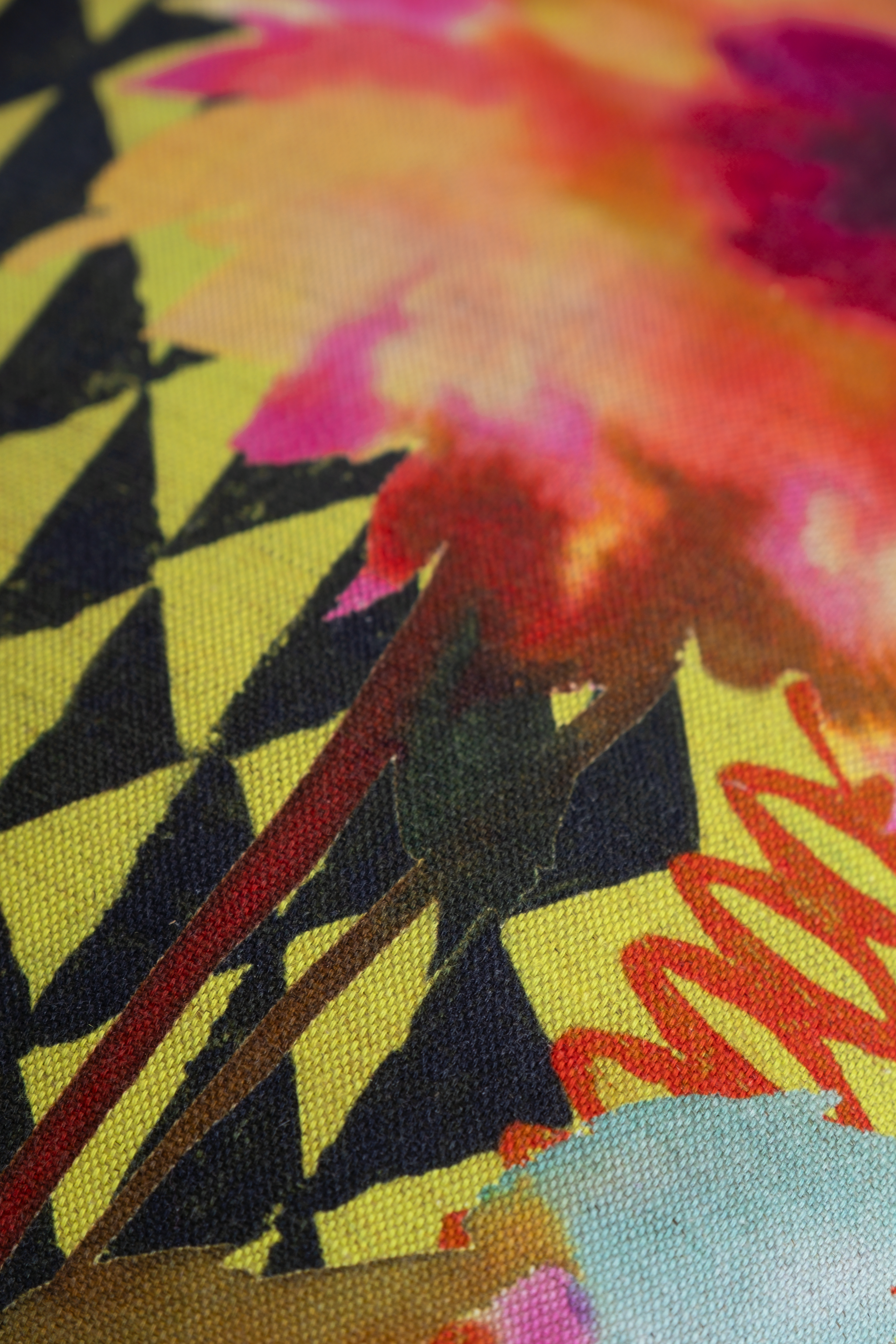 Close up of a colourful printed linen