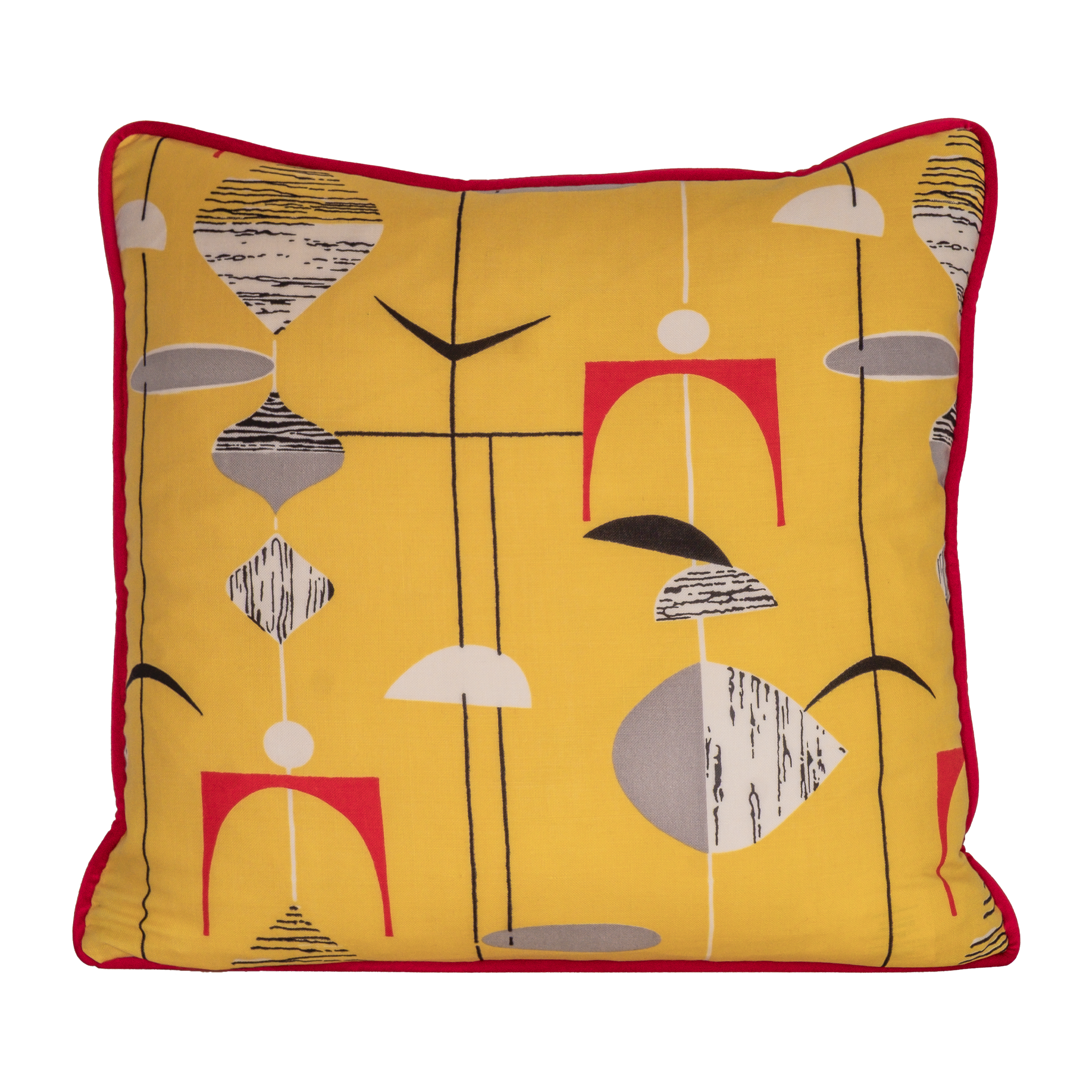 Colourful cushion made from a vintage fabric with geometric shapes on a bright yellow base.