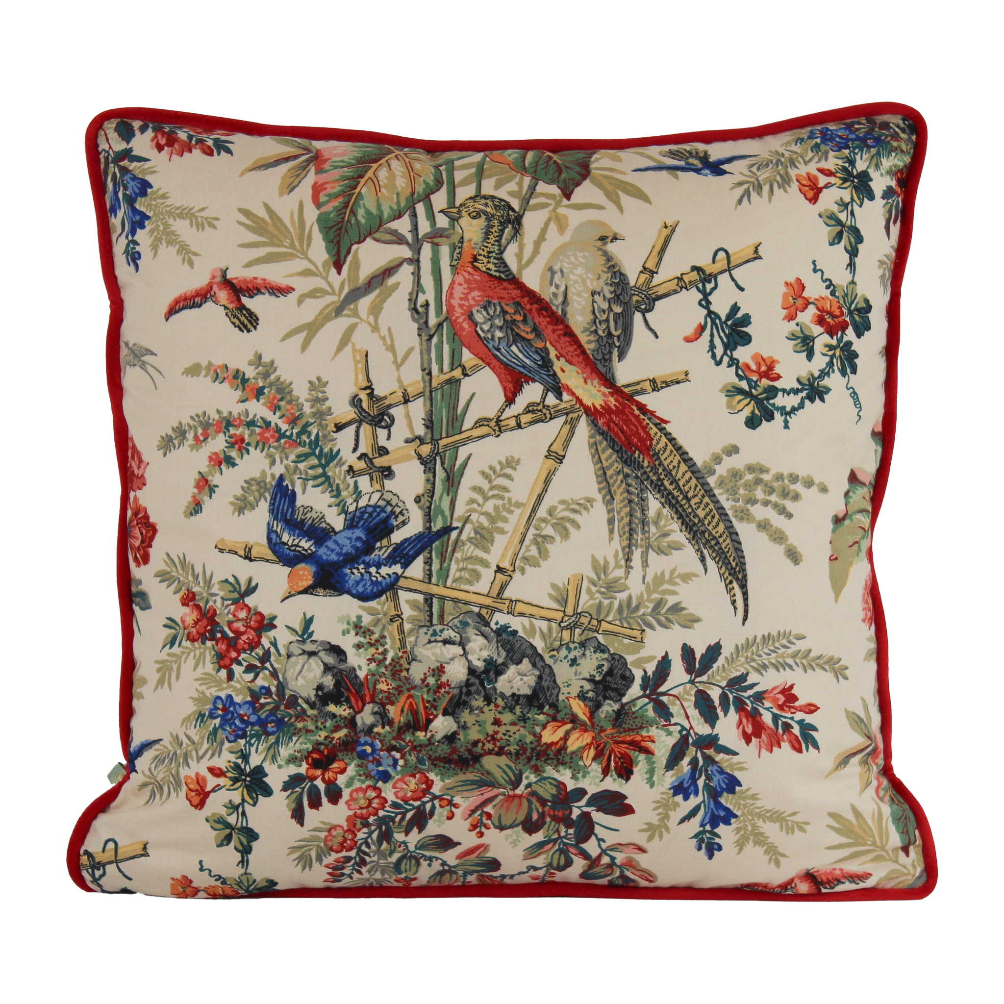 Decorative pillow with bird and floral pattern on a white background