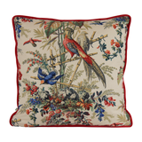 Decorative pillow with bird and floral pattern on a white background