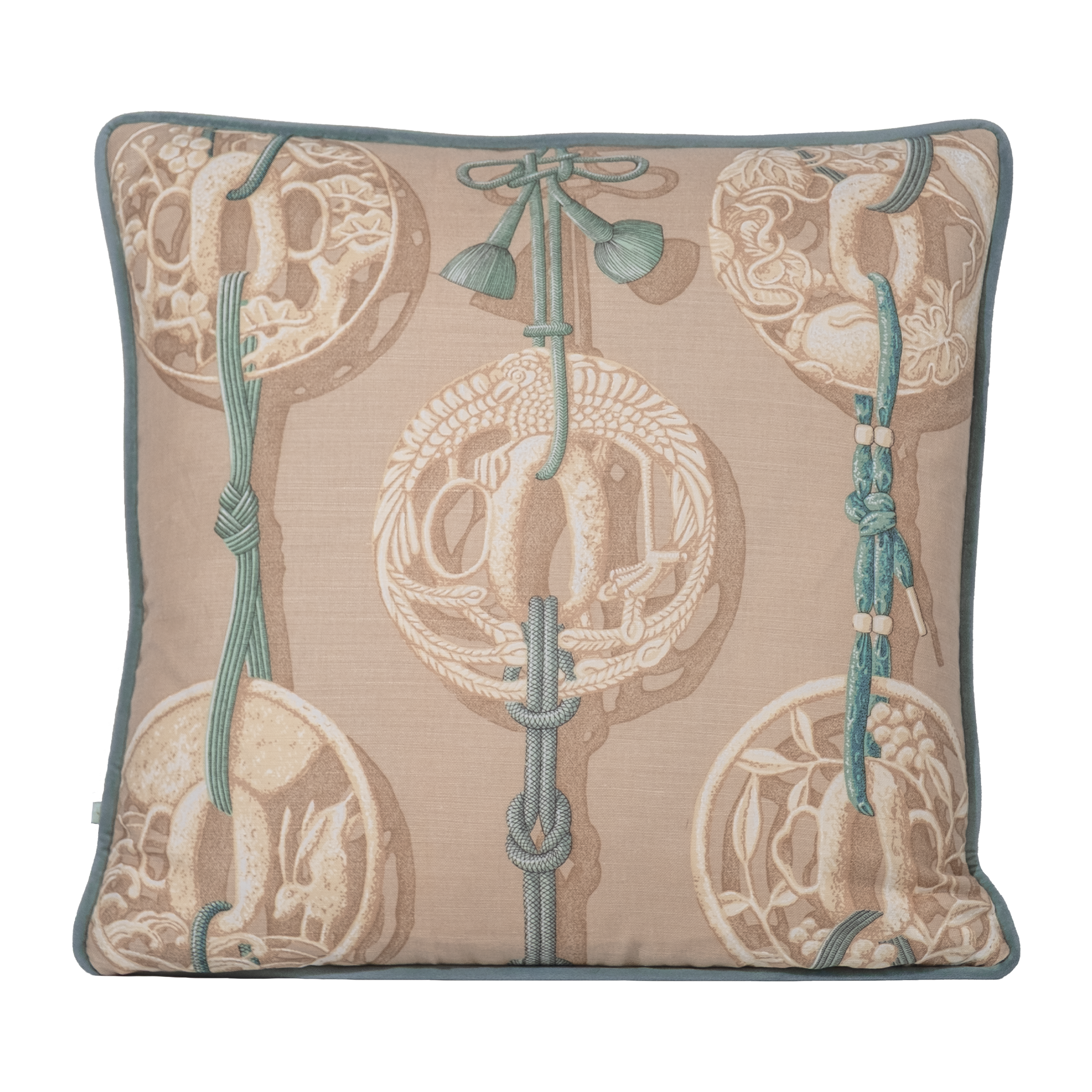 Decorative cushion with ornate medallions linked with braided cord and tassels