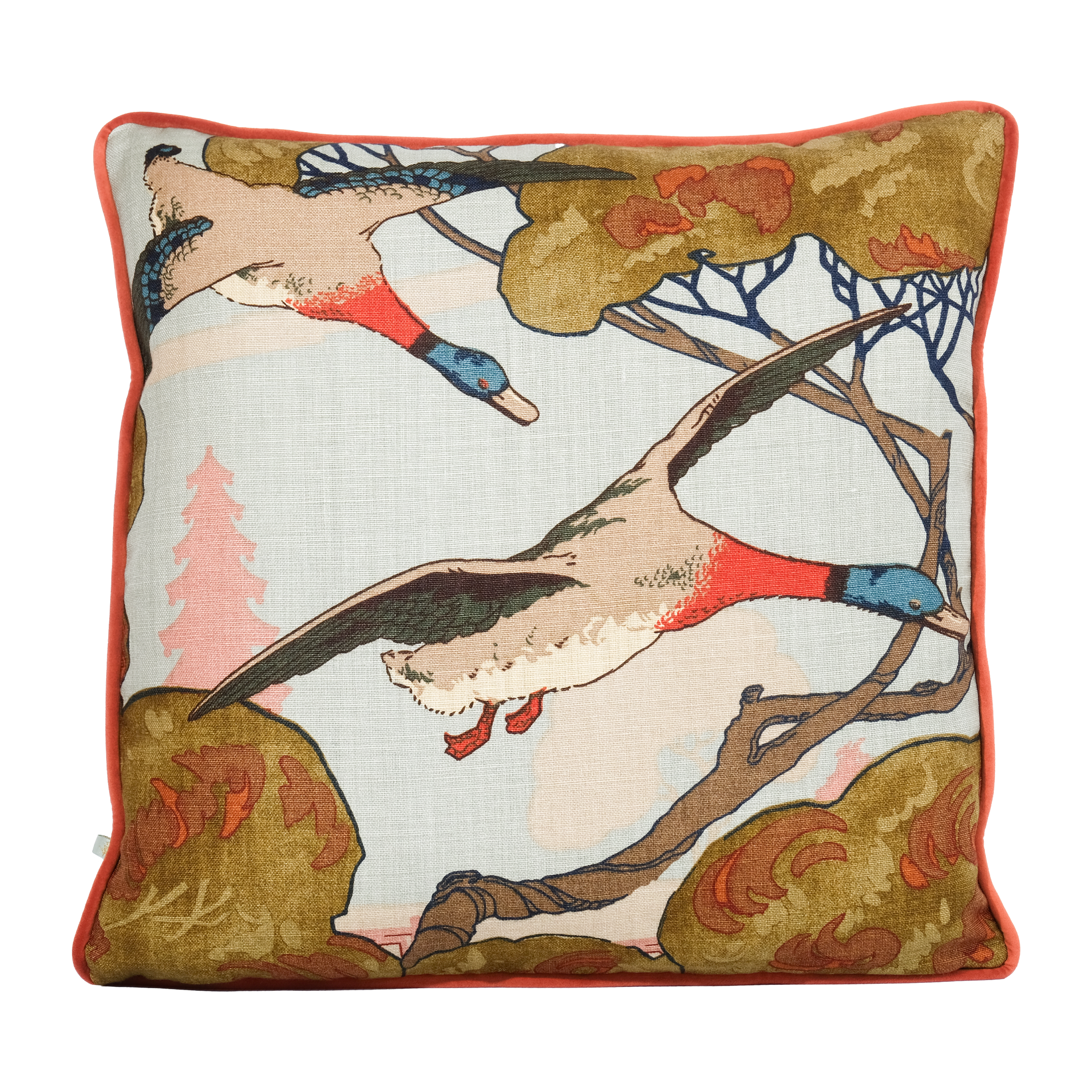 Decorative linen cushion featuring ducks flying through trees