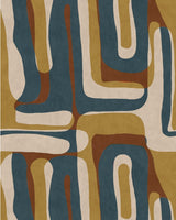 Retro-inspired abstract wallpaper with bold, organic shapes in navy, mustard, brown, and cream, creating a dynamic mid-century modern aesthetic