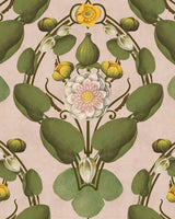 Elegant wallpaper with large water lily blooms, green leaves, and yellow buds on a soft light pink background with vintage-style patterns