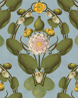 Elegant wallpaper with blooming water lilies, green leaves, and yellow buds on a soft sky-blue background with vintage-style floral patterns