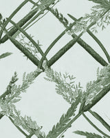 Ornamental Reed Greenlake wallpaper: stylized reeds and grasses in green, beige, and brown on a muted greenish-blue background.