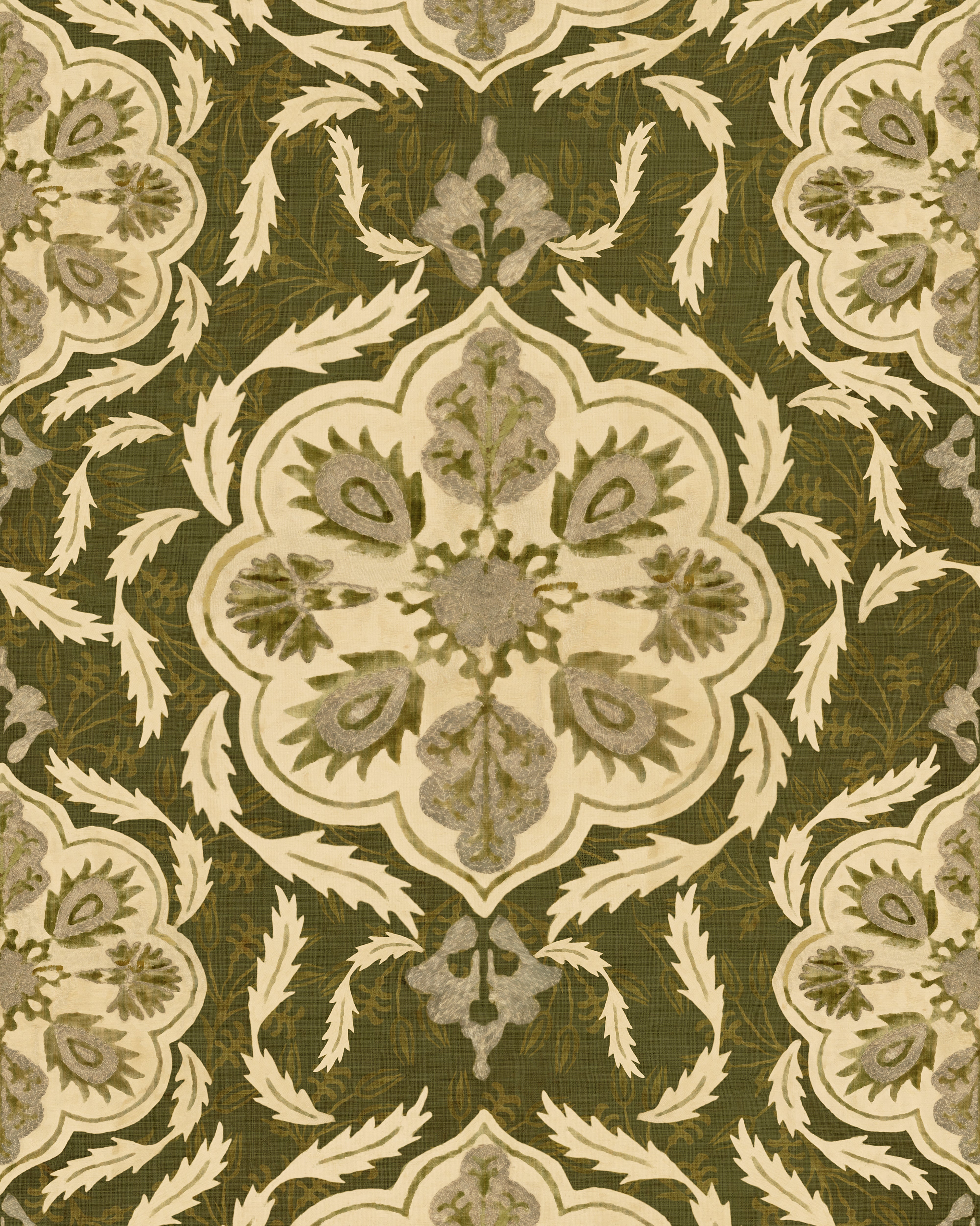 Image of the Ottoman green wallpaper from Mind The Gap. The design showcases an earthy green background adorned with intricate, geometric Ottoman-inspired patterns in yellowy cream. Lattice-like shapes, and floral accents