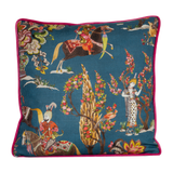 Decorative cushion with intricate patterns and characters on a blue background