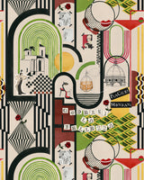 photo of Piaceri Mondani Wallpaper that has a vibrant collage of abstract arches, geometric patterns, and Italian architectural sketches in black, green, red, and yellow. It includes stylized roses, vintage-style fashion illustrations, and bold text like “Godersi La Bellezza,” evoking a retro-modern Italian aesthetic.