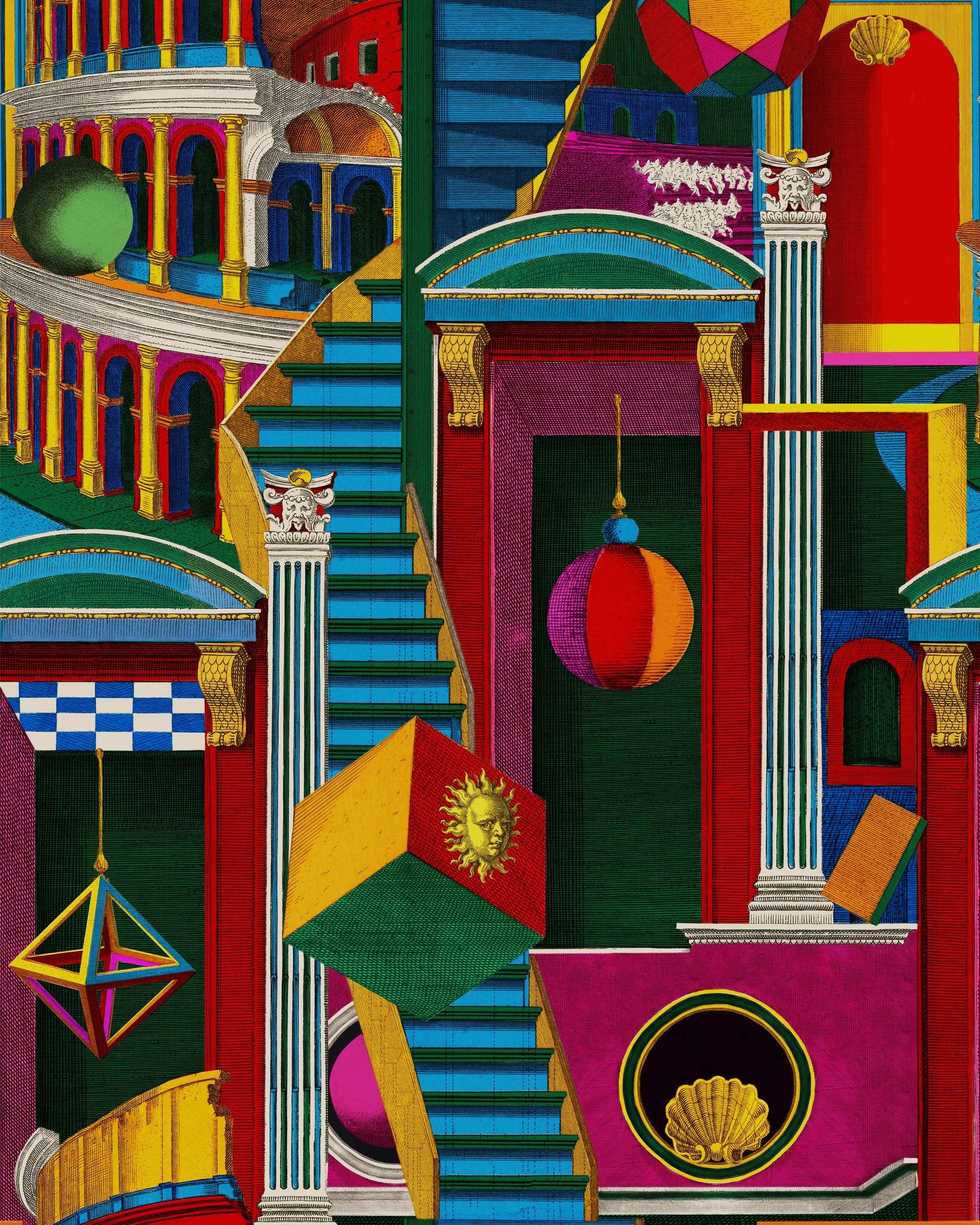 A vibrant Harlequin-inspired wallpaper featuring a whimsical pattern of multicoloured geometric shapes and figures on a dynamic backdrop.