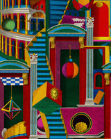 A vibrant Harlequin-inspired wallpaper featuring a whimsical pattern of multicoloured geometric shapes and figures on a dynamic backdrop.