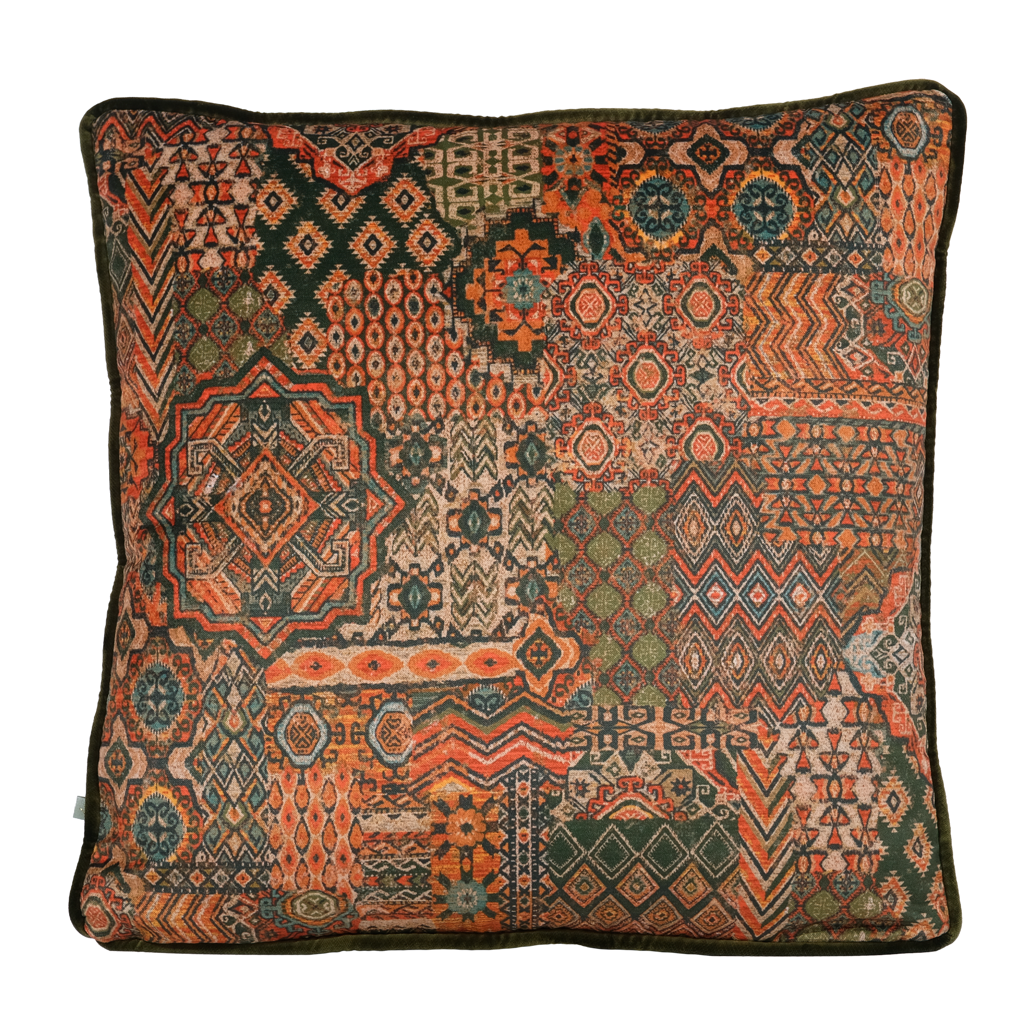Decorative cushion with intricate Persian geometric patterns in orange and green and caramel colours