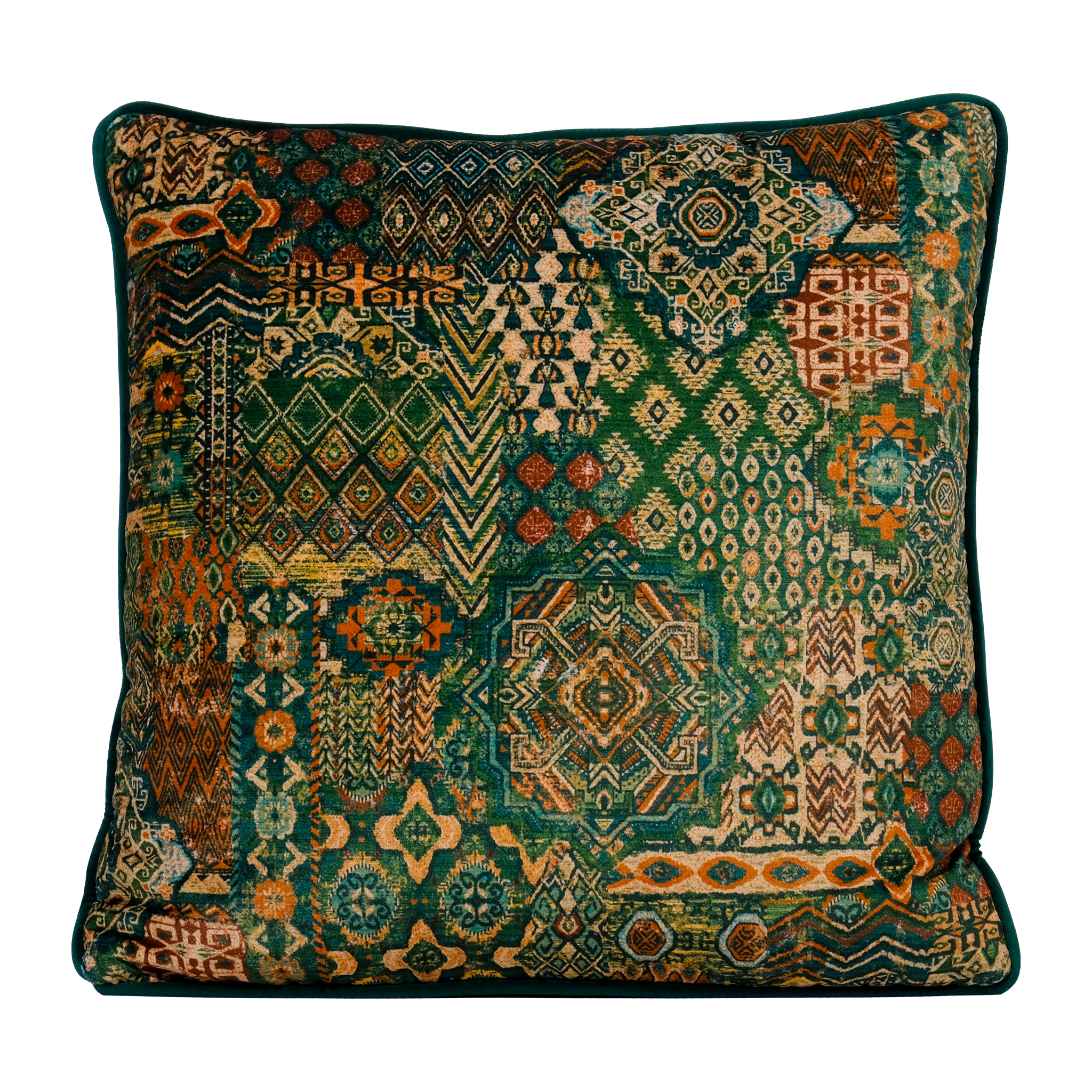 Decorative cushion with a colorful Persian geometric pattern in earthy greens and browns