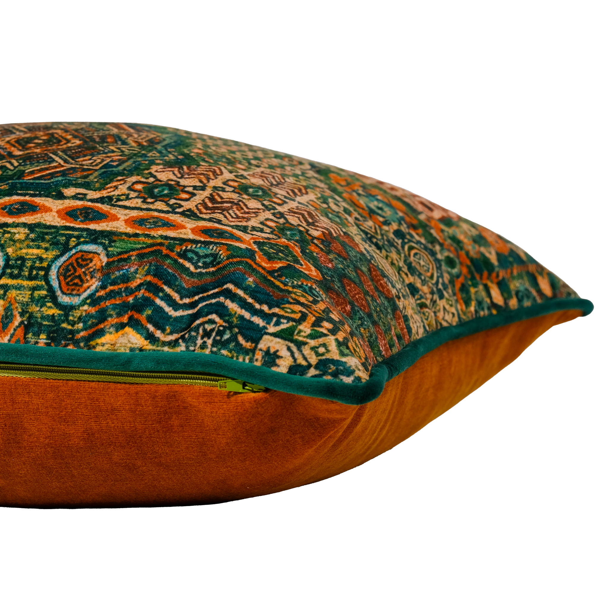 Side shot of a decorative cushion with a colorful Persian geometric pattern in earthy greens and browns