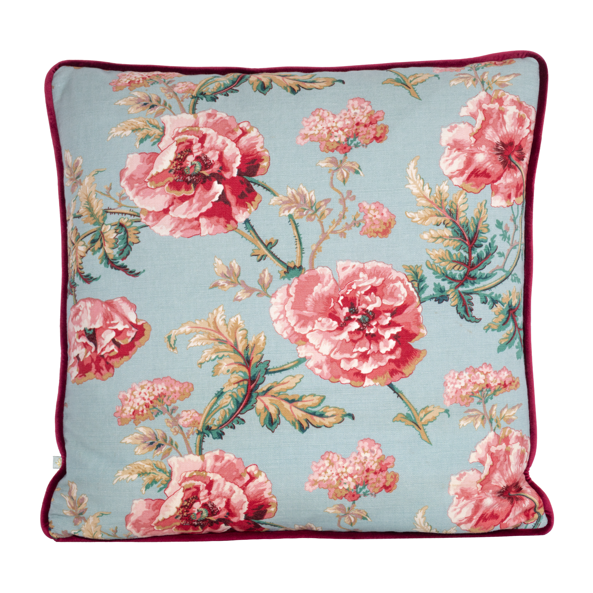 Floral patterned cushion with pink flowers on a light blue background
