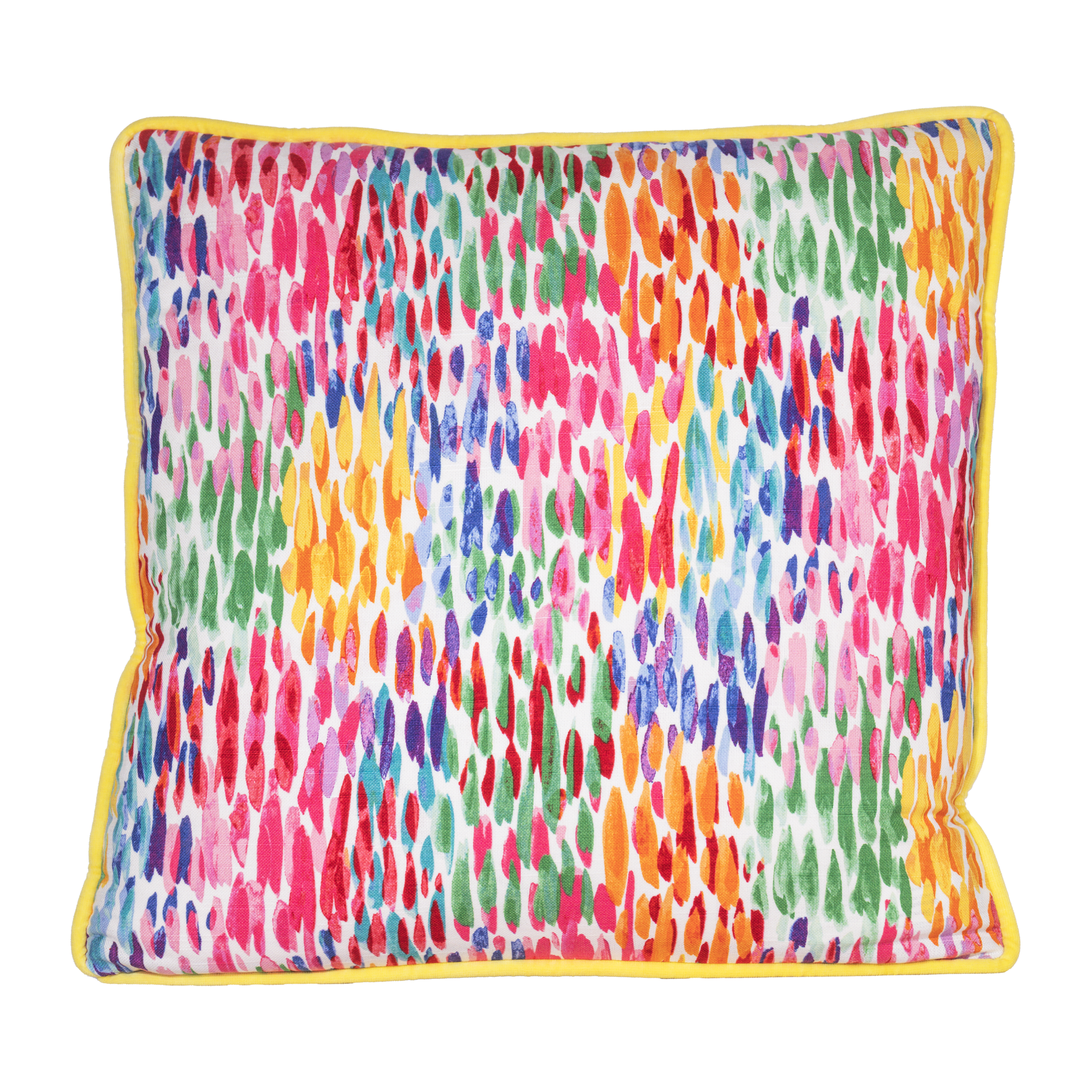 Colorful abstract patterned cushion with a yellow border on a white background