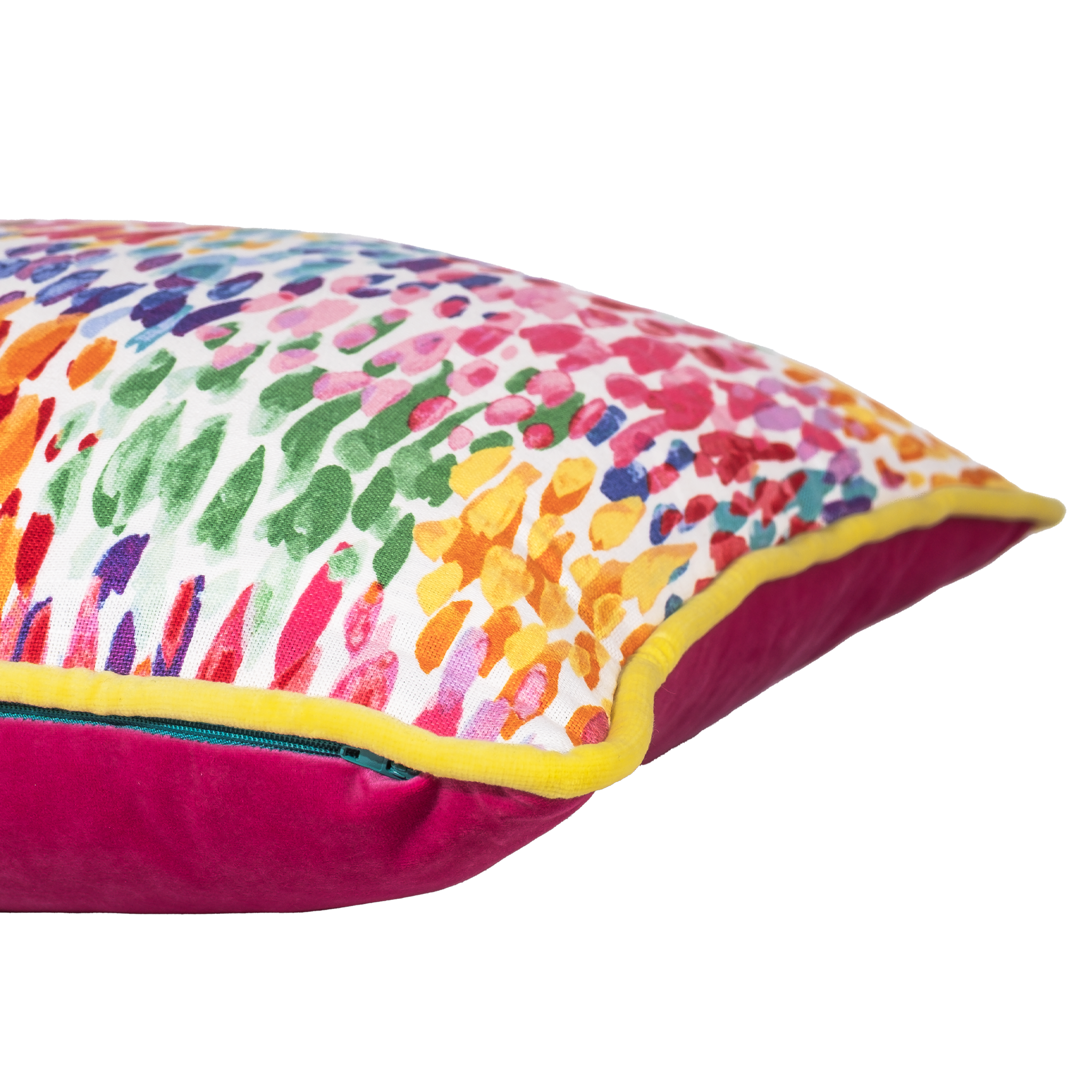 Colorful floral-patterned cushion with a yellow border on a white background