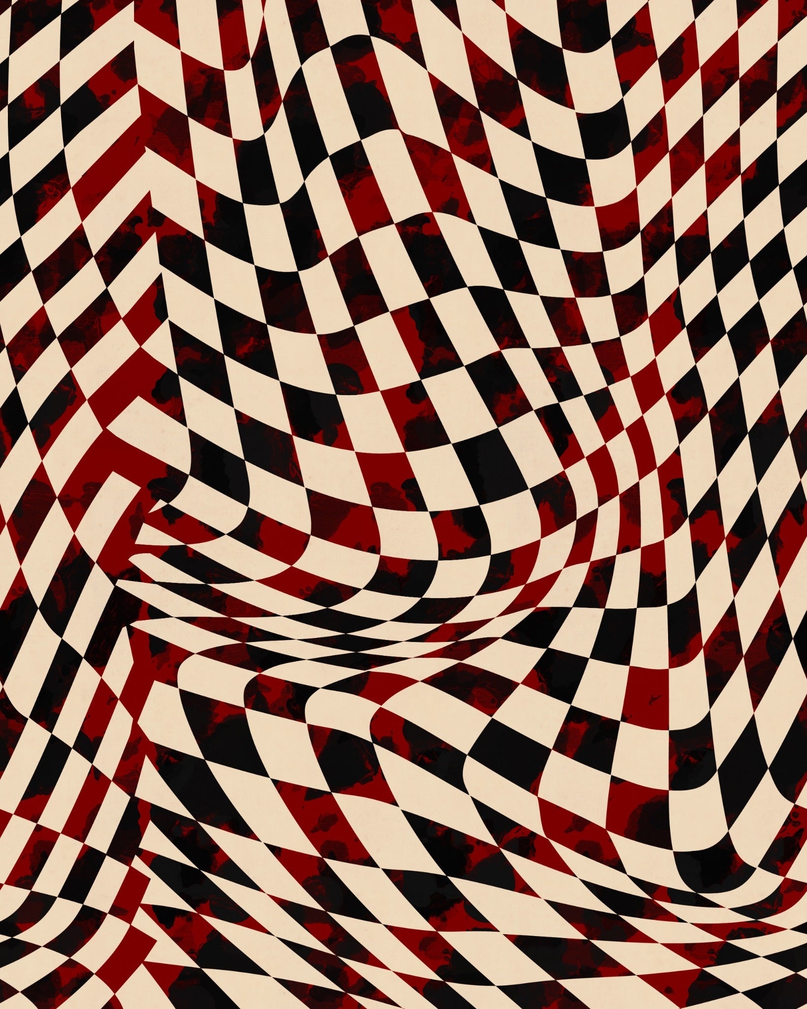 Dynamic black and cream warped checkered design and deep red undertones